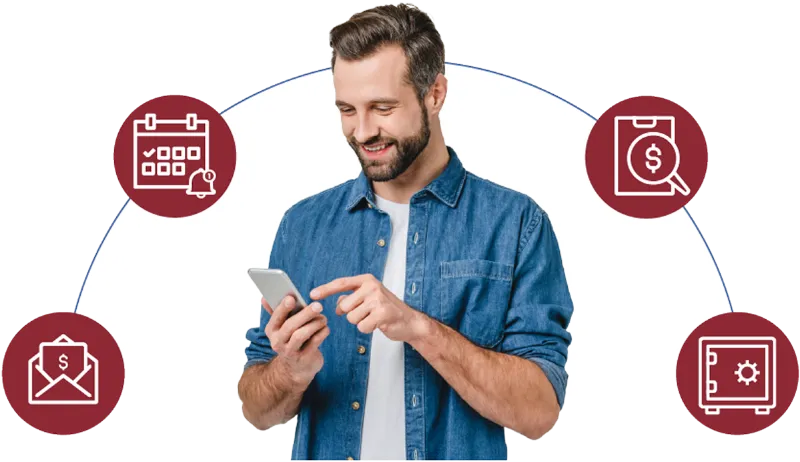 Smiling resident using a phone, surrounded by icons for reminders, bill lookup, receipts and secure payments.