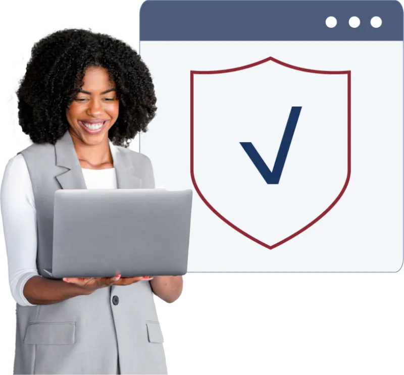 Smiling resident holding a laptop beside a shield with a checkmark, representing a secure online payment.